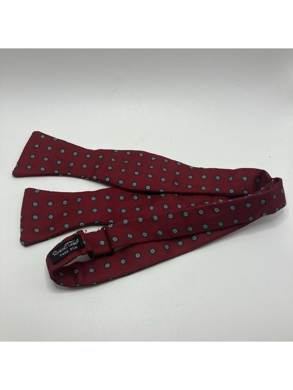 Robert Talbot Men 100% Silk Red Bow Tie Blue White Floral Pattern Flower Vintage